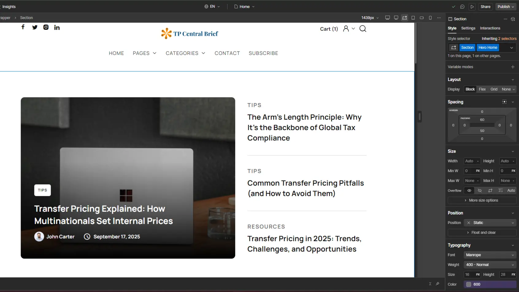 A sleek, modern blog design shown on a tablet